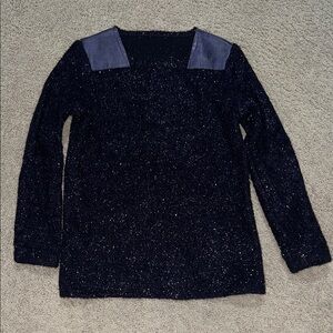 Elegant Shimmery Metallic Black Purple Sweater with Leather Accents